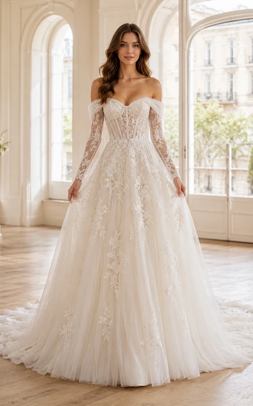 Robe de mariée champêtre en tulle et dentelle fine, épaules dénudées, manches longues, coupe trapèze, traîne chapelle, ornée d'appliqués floraux.