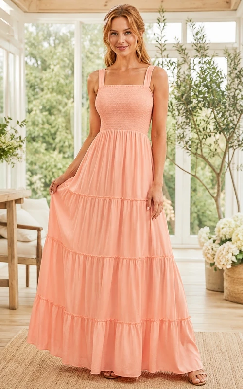 Casual Coral Chiffon A-Line Floor-Length Square Neck Tiered Ruffle Maxi Dress