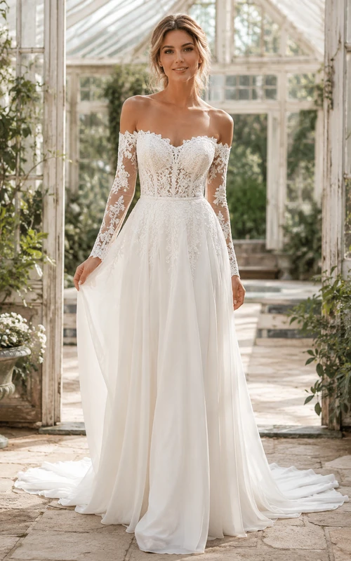 Boho Off Shoulder Long Illusion Lace Sleeve Chiffon A-Line Court Wedding Gown