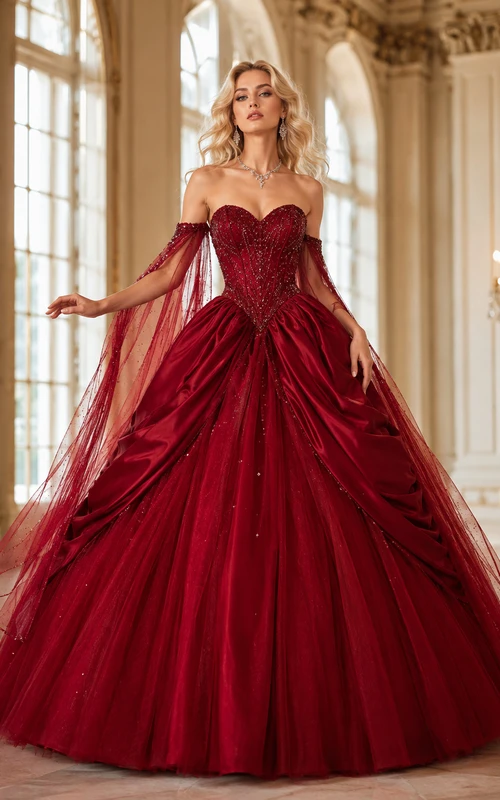 Vestido de fiesta formal de gala sin tirantes, escote corazón, tul drapeado y espalda descubierta, color borgoña.
