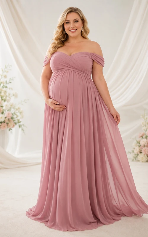 Robe de soirée de maternité grande taille rose poudré, épaules dénudées, en mousseline, coupe empire.