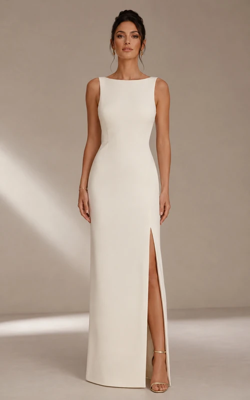 Abendkleid aus elfenbeinfarbenem Crêpe mit U-Boot-Ausschnitt und Seitenschlitz