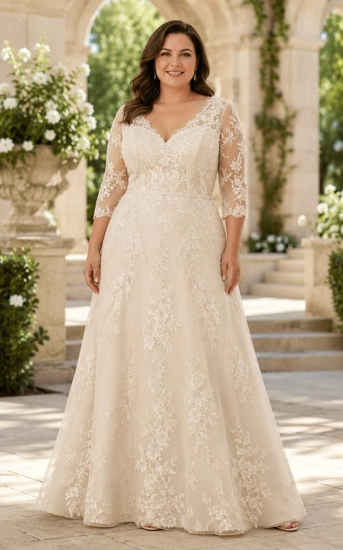 Plus Size Ivory Lace V-Neck Three-Quarter Sleeve A-Line Floor-Length Vow Renewal Dress