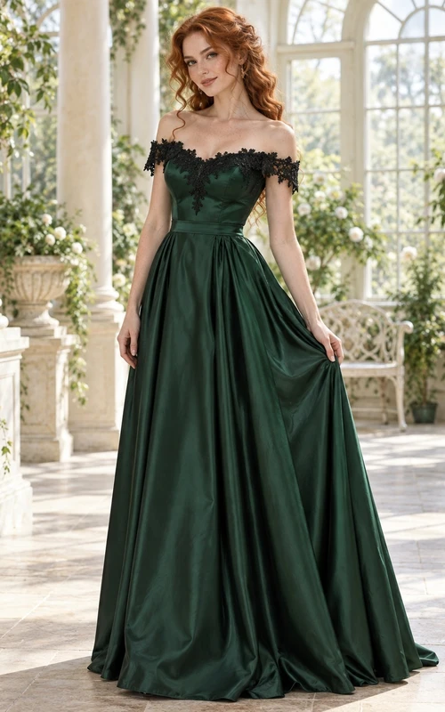 Vestido de dama de honor gótico romántico de satén verde esmeralda con escote corazón, hombros descubiertos y ribete de encaje.