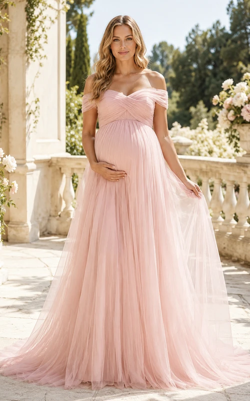Vestido de maternidad romántico color rosa empolvado con hombros descubiertos, mangas cortas, tul, corte imperio y cola larga.