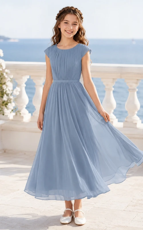 Vestido de dama de honor juvenil azul pizarra, corte en A, largo hasta la rodilla, manga corta, falda plisada, estilo romántico.