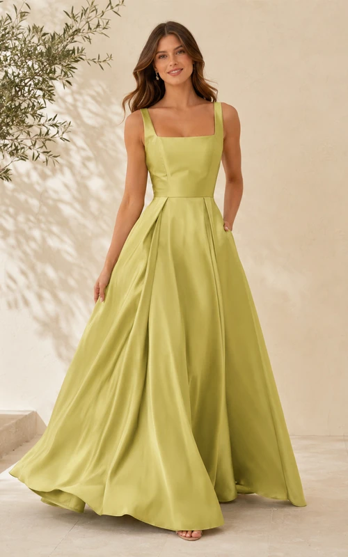Robe de mariée vert citron à bretelles carrées en satin, coupe trapèze, longueur au sol