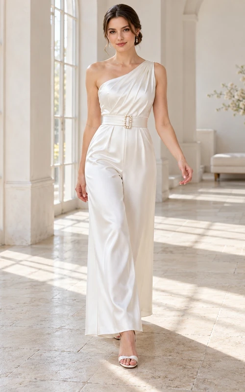 Modern One Shoulder Draped Satin Pearl Buckle Ankle Length Bridal Jumpsuit