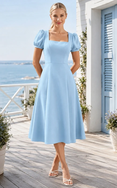 Robe d'été trapèze bleu ciel simple, col carré, manches bouffantes, longueur thé