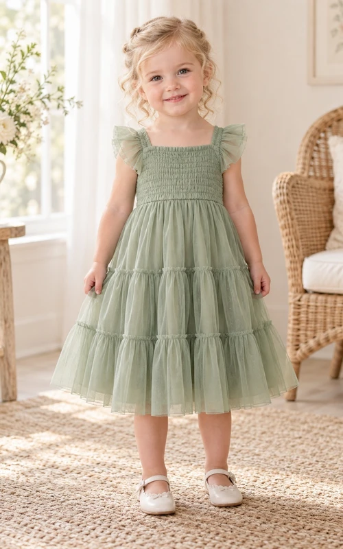 Teelanges, salbeigrünes Sommerkleid in A-Linie aus Tüll mit eckigem Ausschnitt, flatternden Ärmeln und Smokdetails für Blumenmädchen