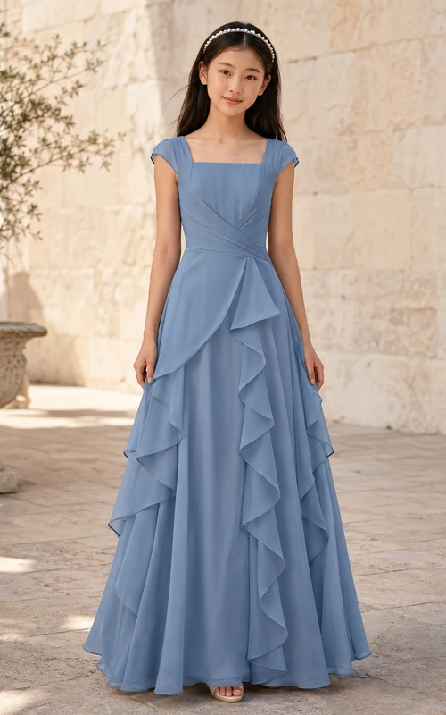Stahlblaues Brautjungfernkleid für junge Damen, A-Linie, eckige kurze Ärmel, Chiffon, Kaskadenrüschen, romantisch
