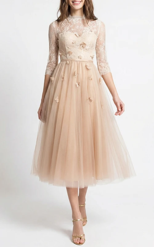 Tüllkleid mit hohem Kragen und Teelänge, Illusionseffekt