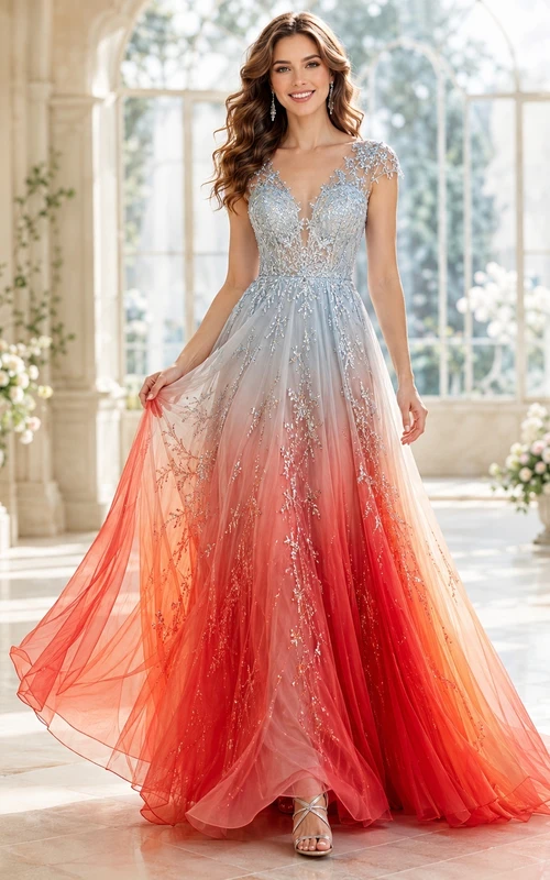 Sky Blue Red V-Neck Cap Sleeve Beaded Tulle A-Line Sweep Train Prom Dress