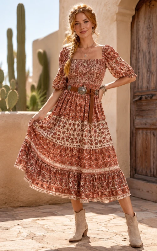 Rust Floral Square Neck Puff Sleeve Tiered A-Line Ankle-Length Bohemian Western Dress