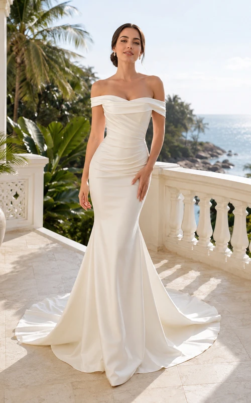 Robe de mariée sirène élégante en satin satiné à épaules dénudées et traîne chapelle