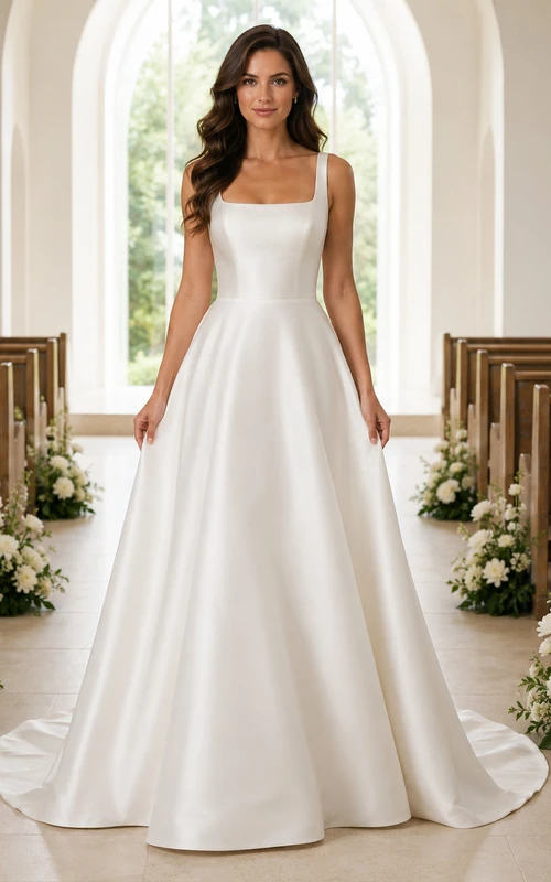 Modern Square Neck Satin A Line Chapel Bridal Gown