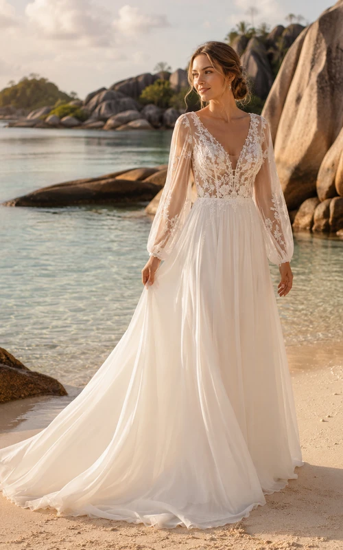 Robe de mariée bohème en mousseline à décolleté plongeant et manches bouffantes longues, coupe trapèze, idéale pour une escapade à la plage
