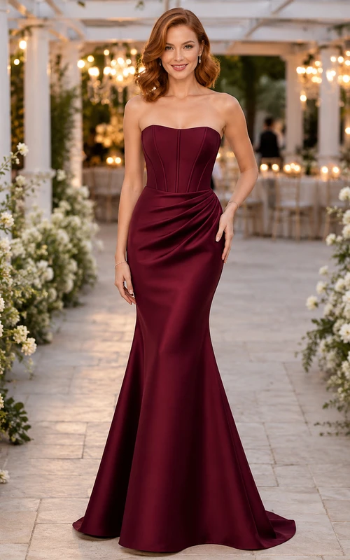 Vestido formal de fiesta de satén burdeos sin tirantes con corsé y falda de sirena.
