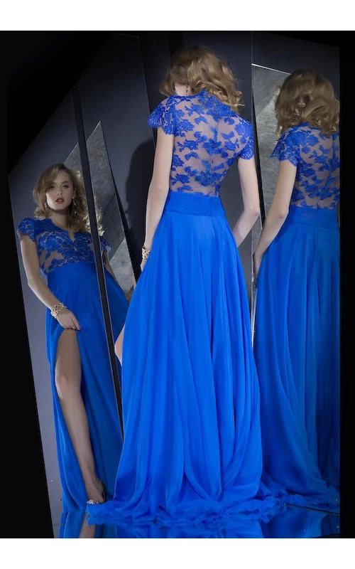 Robe de bal longue en dentelle bleu roi, fente sur le devant, manches courtes