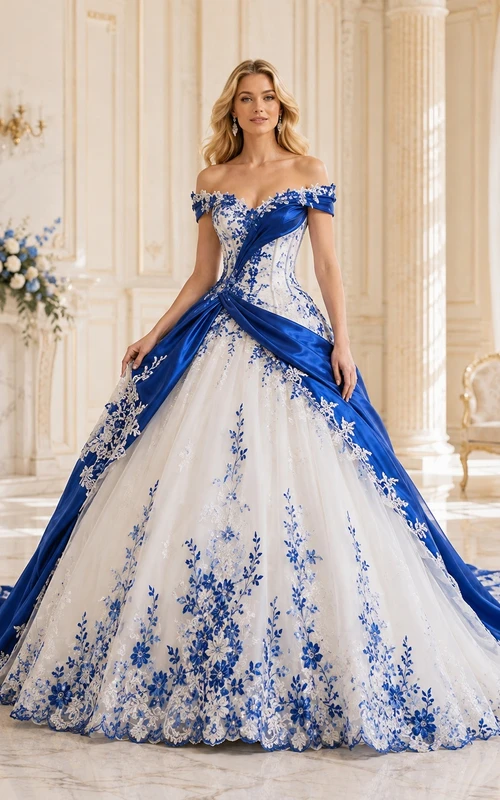 Königsblaues, drapiertes Ballkleid mit schulterfreiem Schnitt und kurzen Ärmeln aus Satin – romantisches Brautkleid