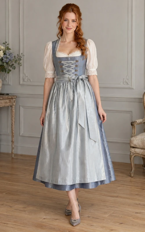 Dirndl vintage champêtre argenté à col carré et manches bouffantes en satin, tablier