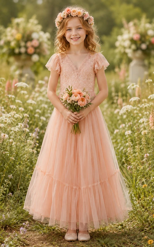 Blumenmädchenkleid aus korallenfarbenem Tüll, A-Linie, Rundhalsausschnitt, Teelänge