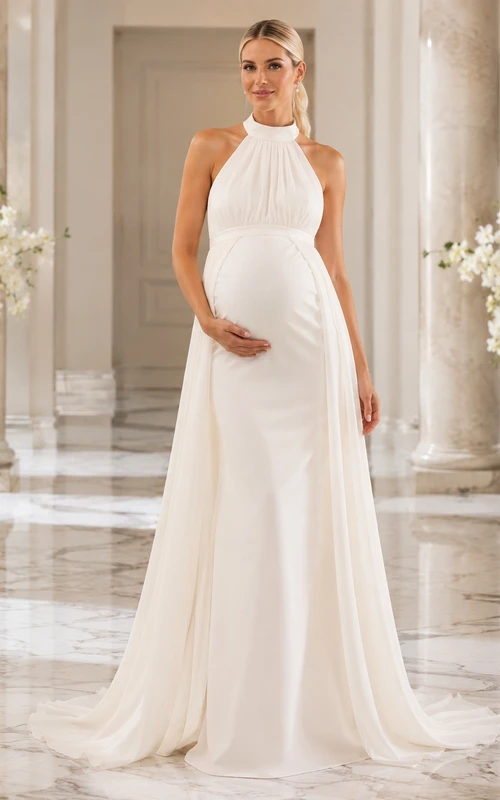 Vestido de novia de maternidad sencillo, largo hasta el suelo, con cuello halter y estilo imperio.
