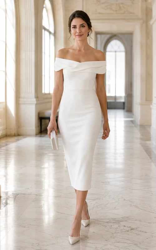 Robe de mariée civile Mairie en satin fourreau à épaules dénudées et longueur thé
