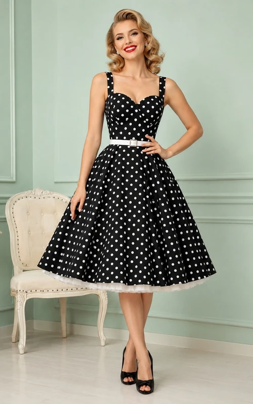 Schwarzes Vintage-Kleid aus Taft mit weißen Punkten, eckigem Ausschnitt und A-Linien-Schnitt, knielang