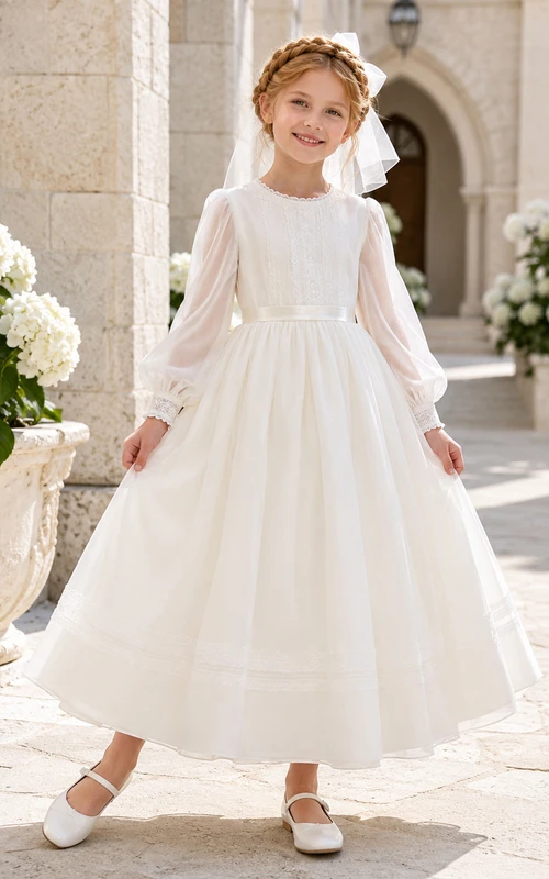 Kommunionskleid aus Satin, elfenbeinfarben, mit Schmuckkragen, Bischofsärmeln und elfenbeinfarbenem Satin, Ballkleid