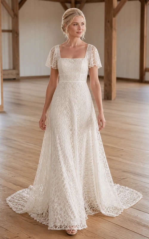 Vestido de novia de corte A con escote cuadrado y mangas cortas, encaje geométrico, estilo capilla.