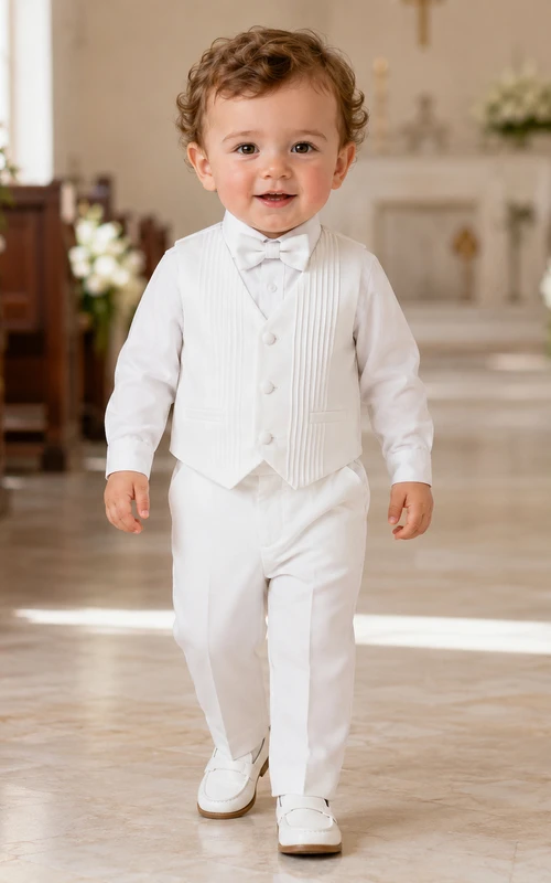 White Pinstripe Vest Bow Tie Long Sleeve Christening Suit for Baby Boy