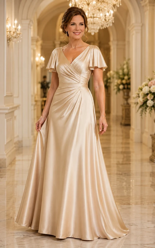 Champagnerfarbenes A-Linien-Kleid aus Satin mit V-Ausschnitt und Volantärmeln