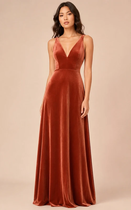 Vestido de dama de honor de terciopelo naranja con tirantes finos y corte en A