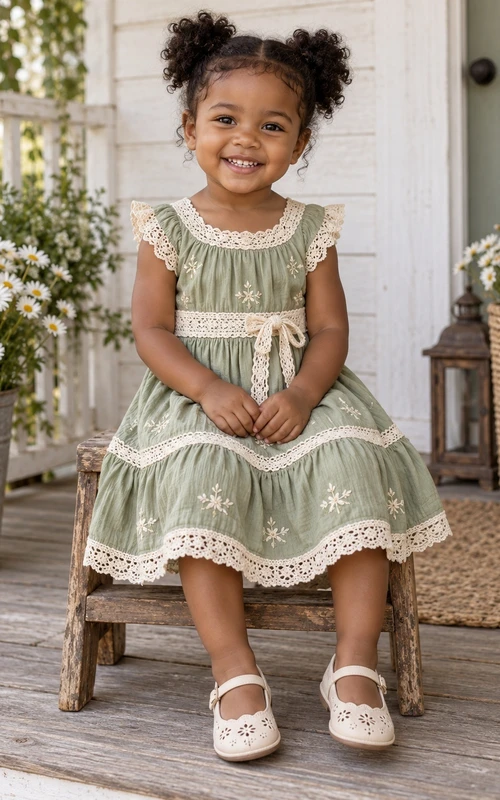 Boho-Kleid in Knielänge, salbeigrün, Sommer-A-Linie, mit Spitzenbesatz, kurzen Ärmeln und Stickerei, ideal für Blumenmädchen