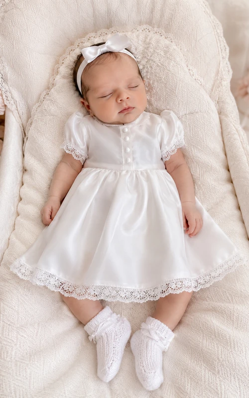 Short Sleeve Baptism Dress A-Line Satin Jewel Neck Lace Trim Baby Style