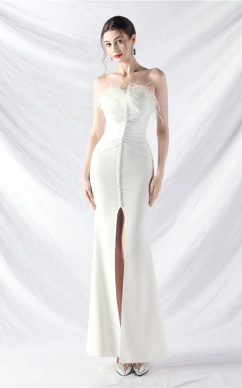 Artistic Buckle Hand-Made Ostrich Feather Satin Long Evening Dress