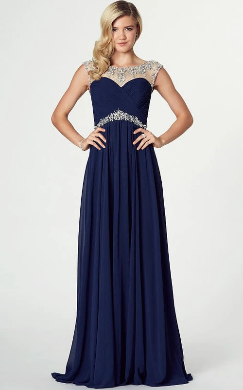 Ärmelloses Chiffon-Abendkleid mit U-Boot-Ausschnitt und Perlenbesatz