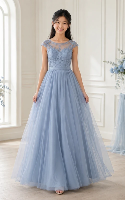 Stahlblaues Brautjungfernkleid für junge Damen, A-Linie, Rundhalsausschnitt, kurze Illusionsärmel, Spitze, Tüll, elegant, romantisch