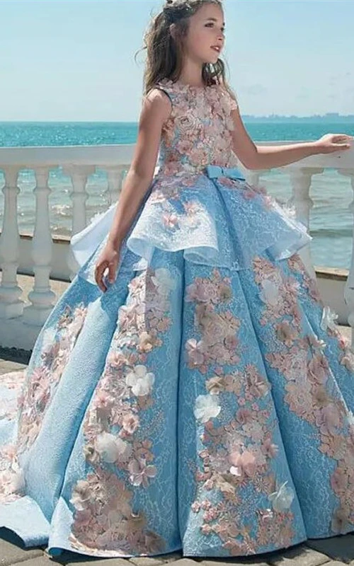 Robe de bal fleurie sans manches à volants, style bateau, pour demoiselle d'honneur ou première communion