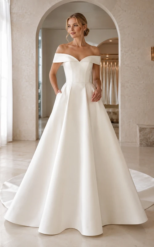 Robe de mariée de style chapelle, minimaliste, en satin plissé et à épaules dénudées