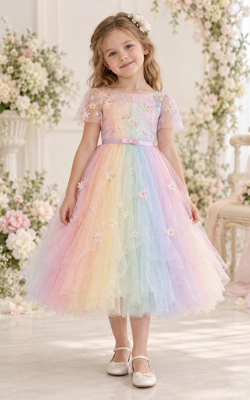 Teelanges pastellfarbenes Regenbogen-Blumenstickerei-Tüllkleid für Blumenmädchen