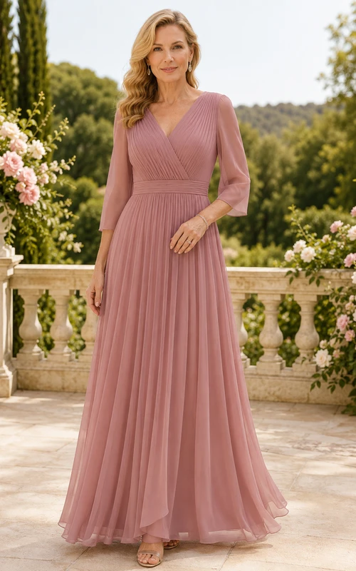 MOB-Kleid, altrosa Tüll, A-Linie, 3/4-Ärmel, V-Ausschnitt, bodenlang, plissiert