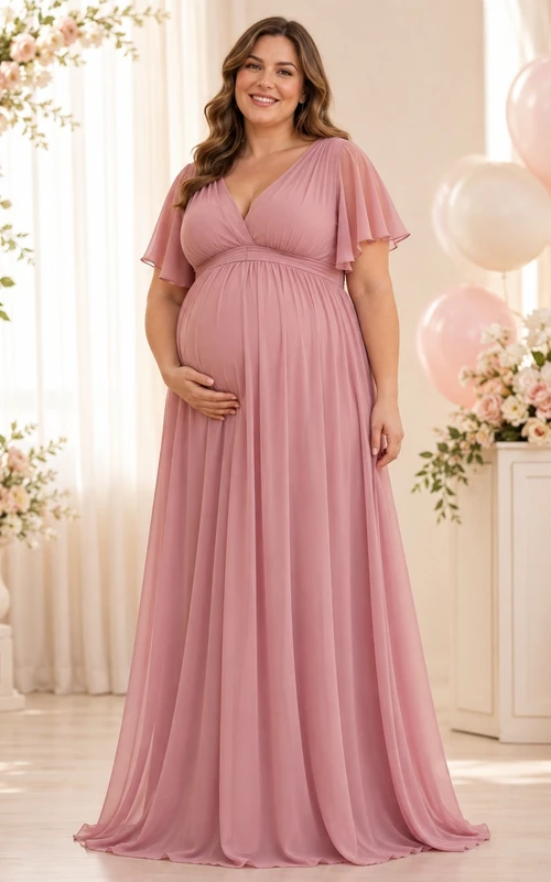 Dusty Rose Plus-Size Maternity V-Neck A-Line Floor-Length Short-Sleeve Chiffon Guest Gown