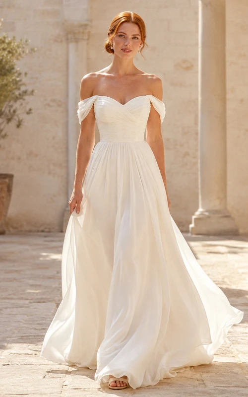 Robe de mariée bohème simple à épaules dénudées, décolleté cœur, drapée en mousseline de soie, coupe trapèze, idéale pour la plage
