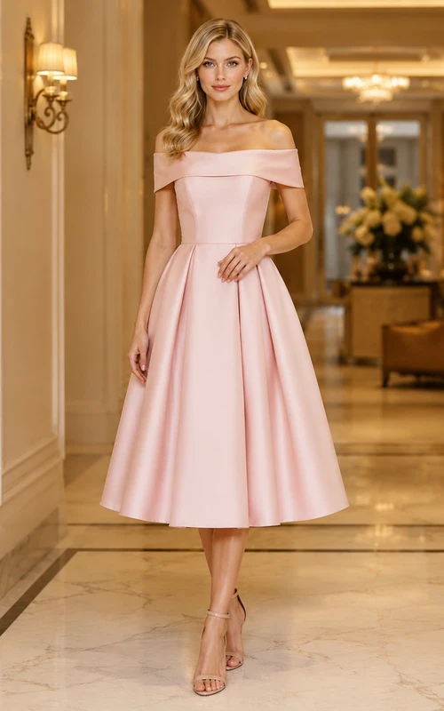 Vestido de cóctel de corte A en mikado color rosa empolvado con hombros descubiertos