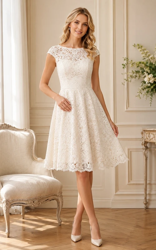 Robe en dentelle ivoire modeste, longueur genou, manches bateau, coupe trapèze, manches bouffantes