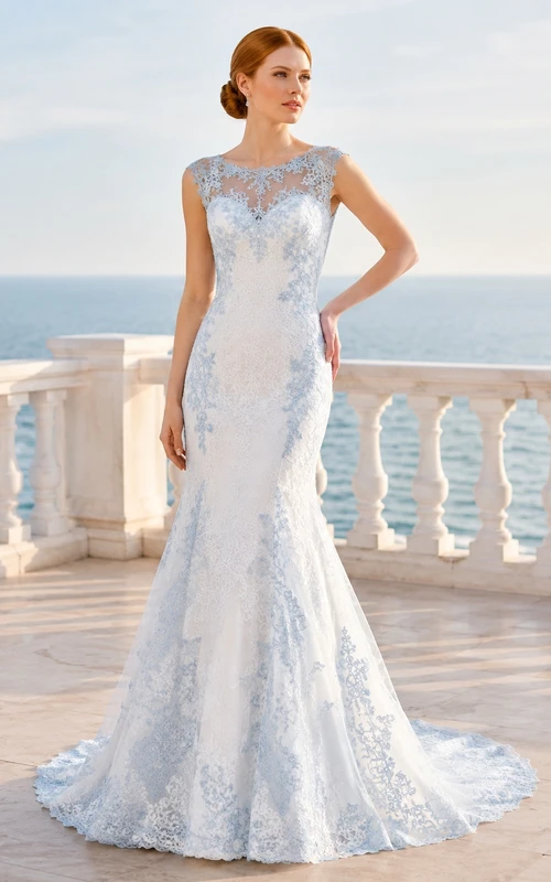 Himmelblaues, elegantes Brautkleid im Meerjungfrauenstil mit Muschelsaum, juwelenbesetzten Kappenärmeln und Spitze