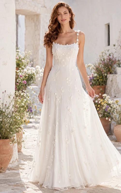Romantic White Floral Lace Straps Sleeveless Tulle A-Line Sweep Train Dress