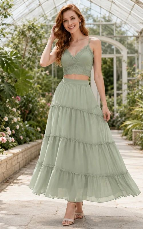 Sage Square-Neck Sleeveless Chiffon Two-Piece Tiered Ankle-length Casual Garden Dress